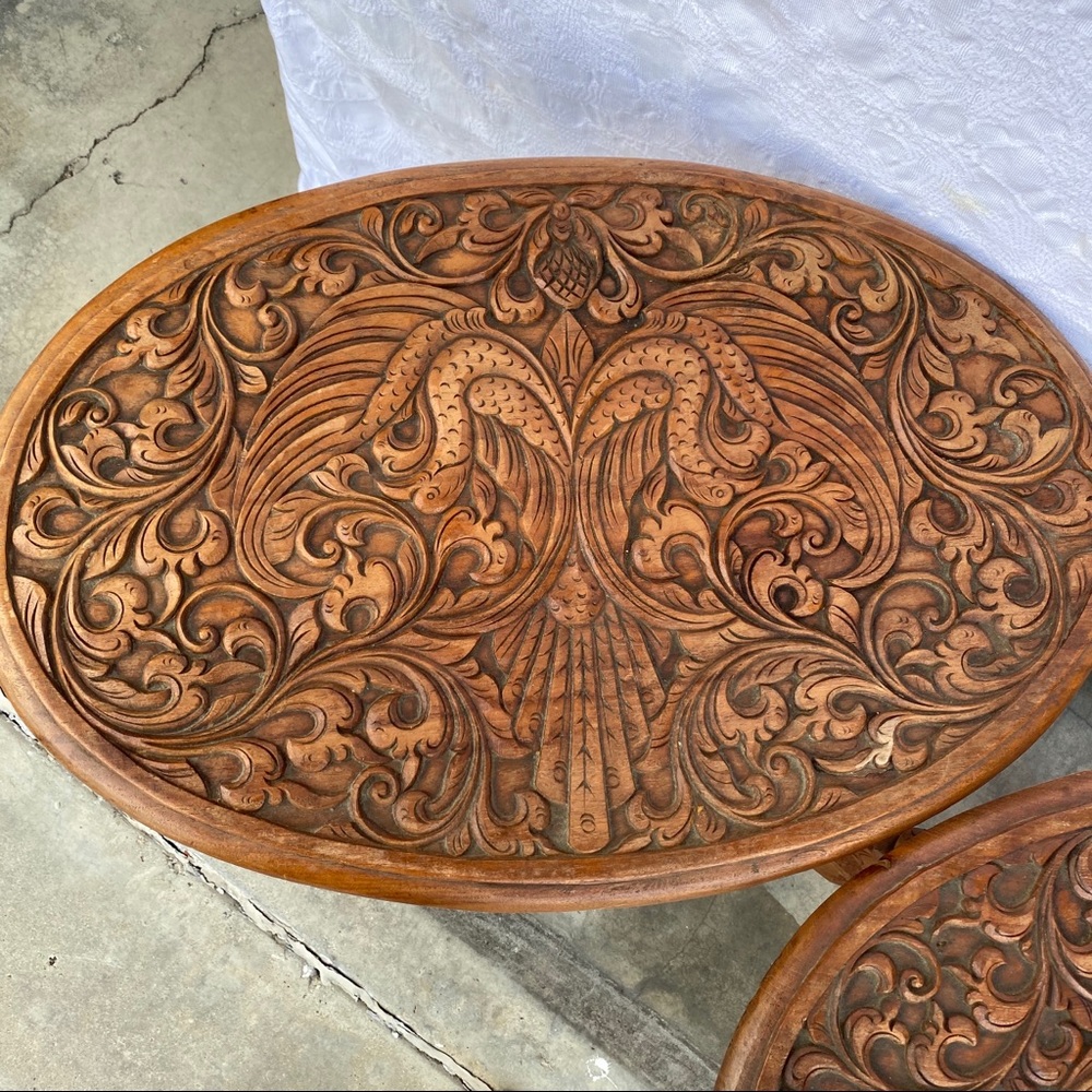 Pair of Antique Hand Carved 100% Oak End Tables